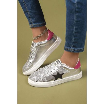 Silvery Metallic Luster Star Pattern Slip On Flat Shoes