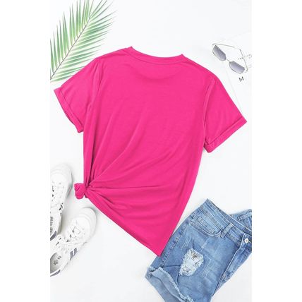 Rose Red Casual Plain Crew Neck Tee
