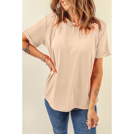 Khaki Casual Plain Crew Neck Tee