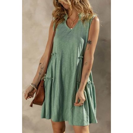Moonlight Jade Split V Neck Tiered Flowy Sleeveless Dress