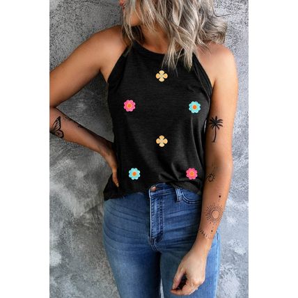 Black Sweet Floral Embroidery Casual Tank Top