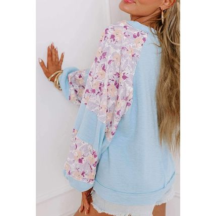 Beau Blue Textured Floral Patchwork Balloon Sleeve Blouse