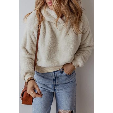 White Contrast Ribbed Edge Plush Hoodie
