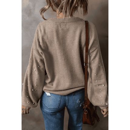 Smoke Gray Pearled Drop Shoulder Plus Size Sweater