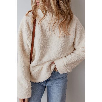 White Solid Fleece High Neck Drop Shoulder Pullover Sweatshirt