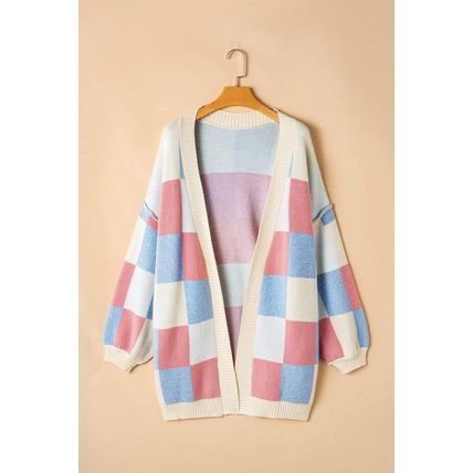 Light Blue Checkered Drop Shoulder Exposed Seam Open Front Cardigan
