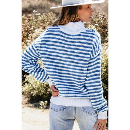 Sky Blue Stripe Zip up Collar Drop Shoulder Sweater