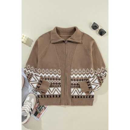 Brown Western Printed Ribbed Trim Collared Zip up Cardigan
