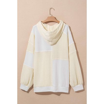 Beige Textured Patchwork Exposed Seam Plus Size Hoodie