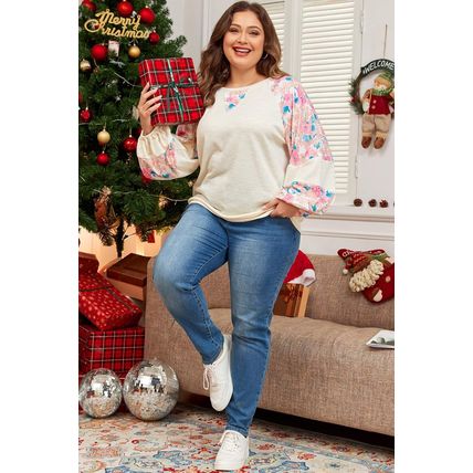 Apricot Plus Size Floral Patchwork Ribbed Puff Sleeve Top