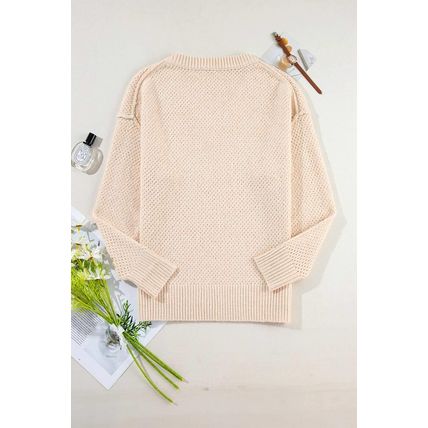 Parchment Loose Eyelet V Neck Drop Shoulder Sweater