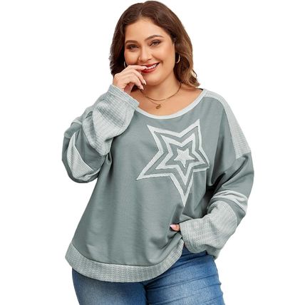 Mist Green Stars Patchwork Round Neck Plus Size T Shirt