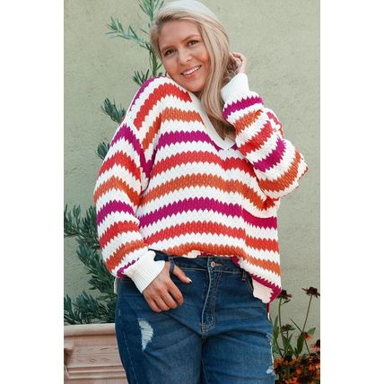 Pink Stripe V Neck Drop Shoulder Plus Size Sweater