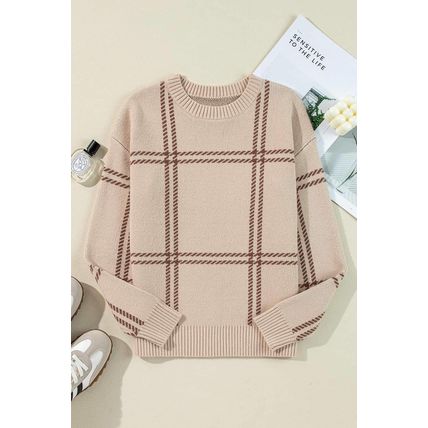 Khaki Plaid Pattern Knitted Drop Shoulder Sweater