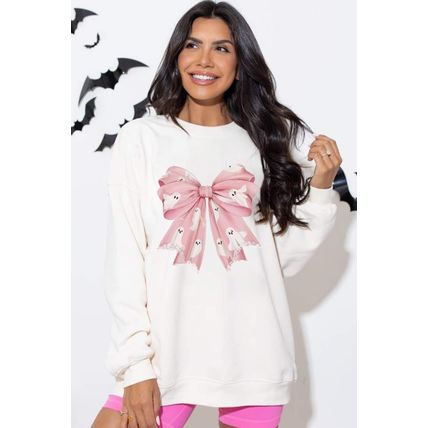 Beige Ghost Bowknot Graphic Crew Neck Drop Shoulder Sweatshirt