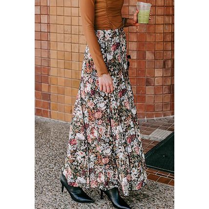 Brown Floral Print High Waist Maxi Skirt