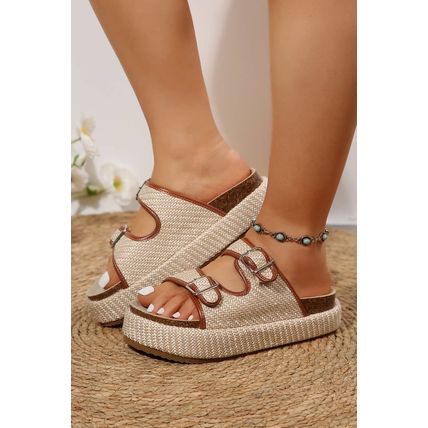 Beige Linen Dual Buckle Strap Thick Sole Outdoor Slippers
