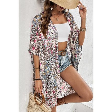 Apricot Floral Print Short Wide Sleeve Open Front Loose Kimono