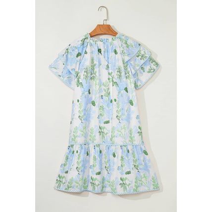 Sky Blue Floral Contrast Edge Layered Short Sleeve Mini Dress