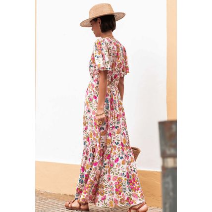 Red Floral Short Sleeve V Neck High Waist Maxi Dress