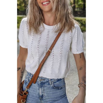 White Pointelle Knit Short Puff Sleeve Crewneck Sweater