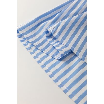 Sky Blue Stripe Shirt Collar V Neck Ricrac Trim 3/4 Puff Sleeve Blouse