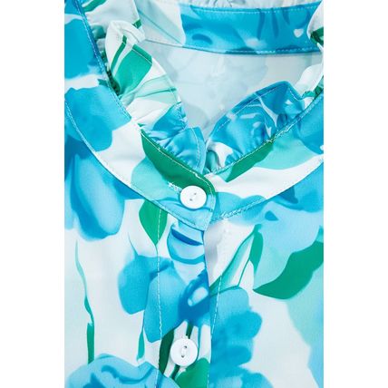 Green Floral Frilled Collar Three Quarters Sleeve Elegant Shirt
