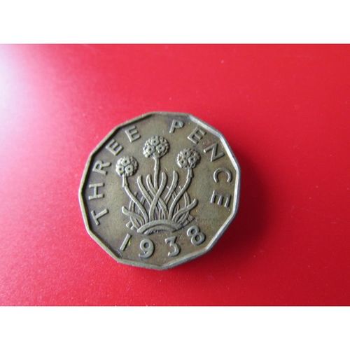 1938 GEORGE VI BRASS THREEPENCE FREE POST COIN - 3. AB