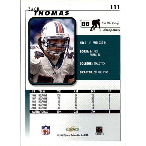 2001 Score Football Zach Thomas #111
