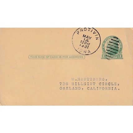 United States 1931 Protivin Iowa-Oakland CA Jefferson 1c Stationary Postcard VGC