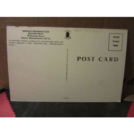 BERKELEY RESIDENCE CLUB, YWCA, BOSTON, MASSACHUSETTS USA unused postcard 1972 #