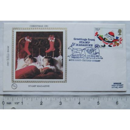1981 first day cover silk Christmas, children in bed, Stamp Magazine