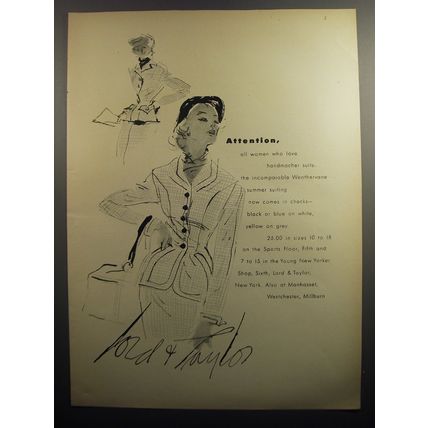 1951 Lord & Taylor Handmacher Weathervane Suit Ad - Attention, all women
