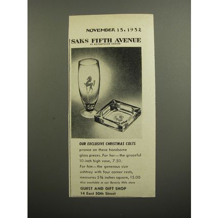 1952 Saks Fifth Avenue Vase and Ashtray Ad - Our exclusive Christmas colts