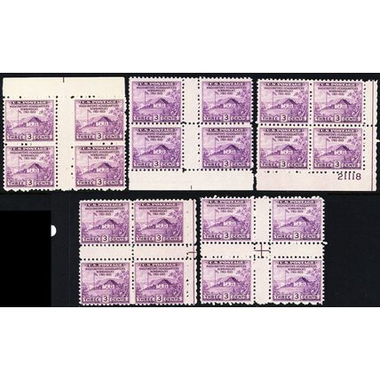 752, Mint NH 3¢ Gutter Blocks And Plate Block Group CV $142.00 * Stuart Katz