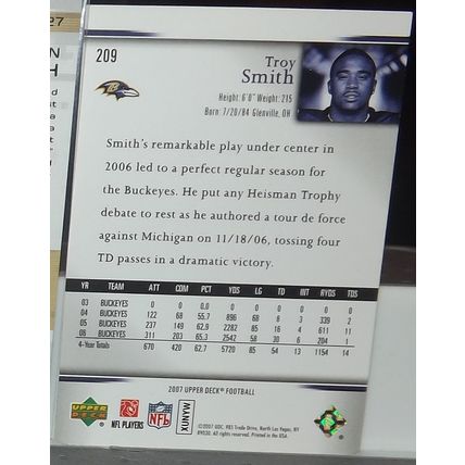 2007 Upper Deck Rookie Exclusives TROY SMITH (Ravens) Star Rookie#209