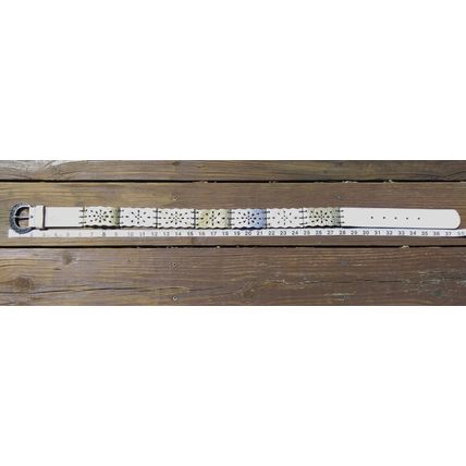 Fossil Women Leather Belt Boho Silver Link Flower Embossed Buckle White Gold NEW