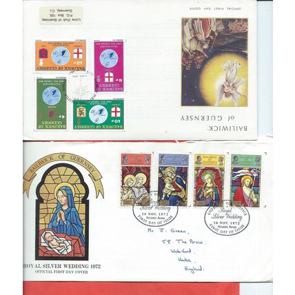Guernsey stamps. 16 FDC from 1972 to 1980. 1972 Royal Silver Wedding etc (F322