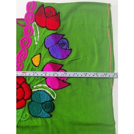 Multicolor Roses Bouquet Embroidered Cotton Canvas Green Blouse Chiapas Mexico
