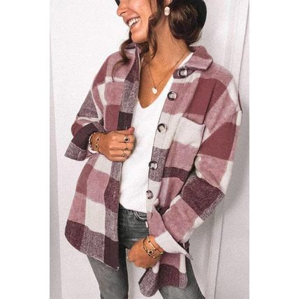 Plaid Color Block Buttoned Long Sleeve Jacket with Pocket