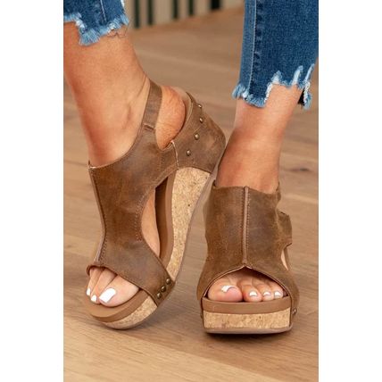 Brown Vintage Leather Stitching Studded Wedge Sandals