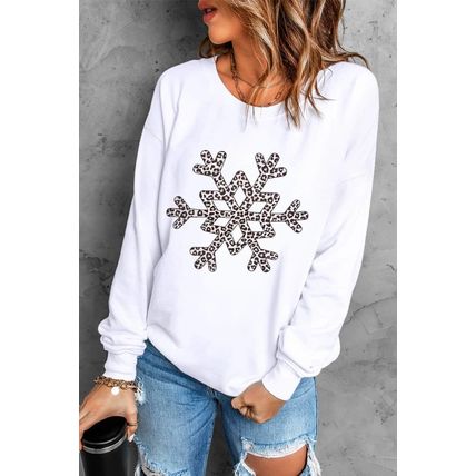 White Leopard Snowflake Pullover Sweatshirt