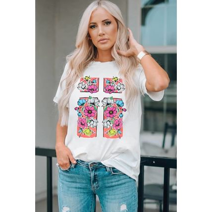 White Floral Crossed Graphic Easter Round Neck T Shirt