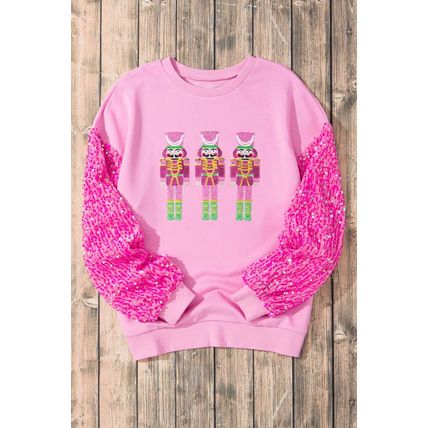 Pink Christmas Nutcracker Graphic Sequin Sleeve Sweatshirt