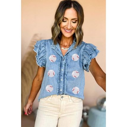 Beau Blue Sequin Baseball Graphic Button Up Ruffled Sleeve Frayed Denim Top