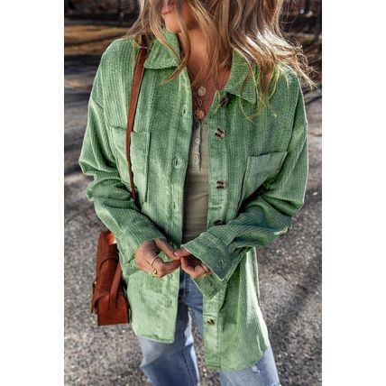 Mist Green Patched Pocket Button Up Corduroy Shacket