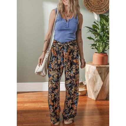Multicolour Floral Shirred High Waist Wide Leg Pants with Tie
