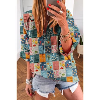 Sky Blue Floral Collared V Neck Roll up Sleeve Shift Blouse