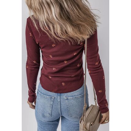 Burgundy Notched Neck Floral Print Ribbed Long Sleeve Top