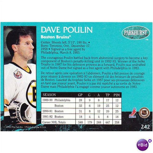 Parkhurst Pro Set Inc NHL Ice Hockey 1993 Dave Poulin Boston Bruins Card No. 242